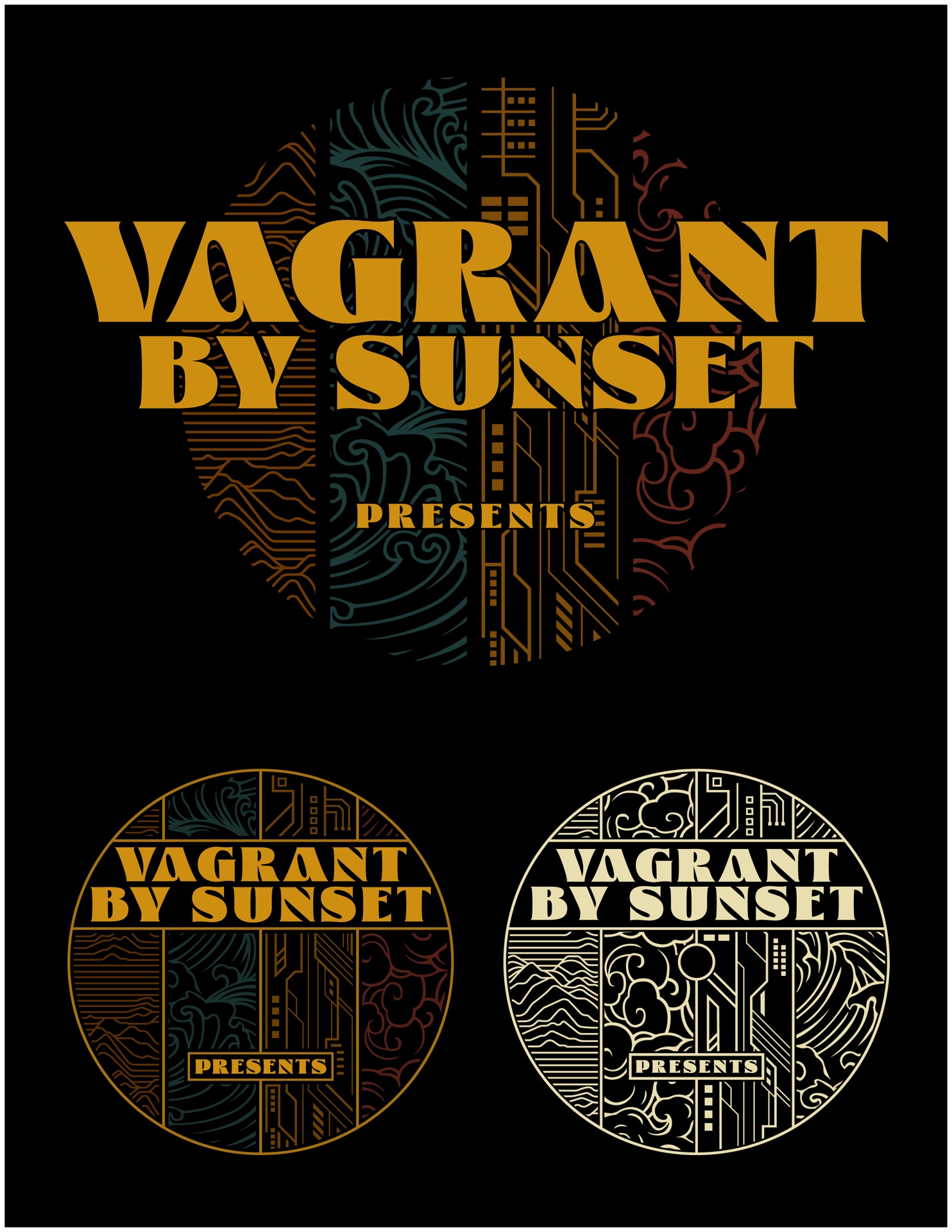 The parent identity — Vagrant by Sunset logo and variations.